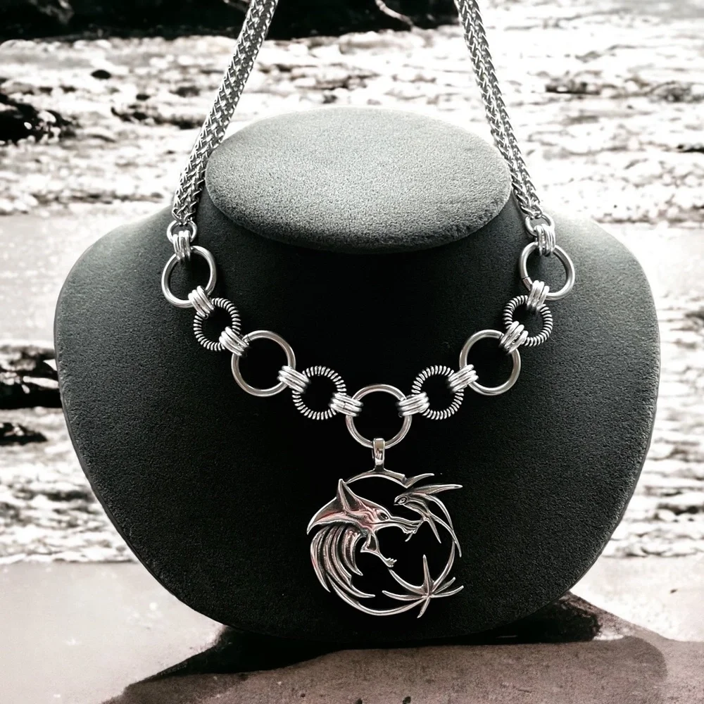 Handmade stainless steel necklace double wheat chain wolf celtic viking charm - Picture 2 of 10